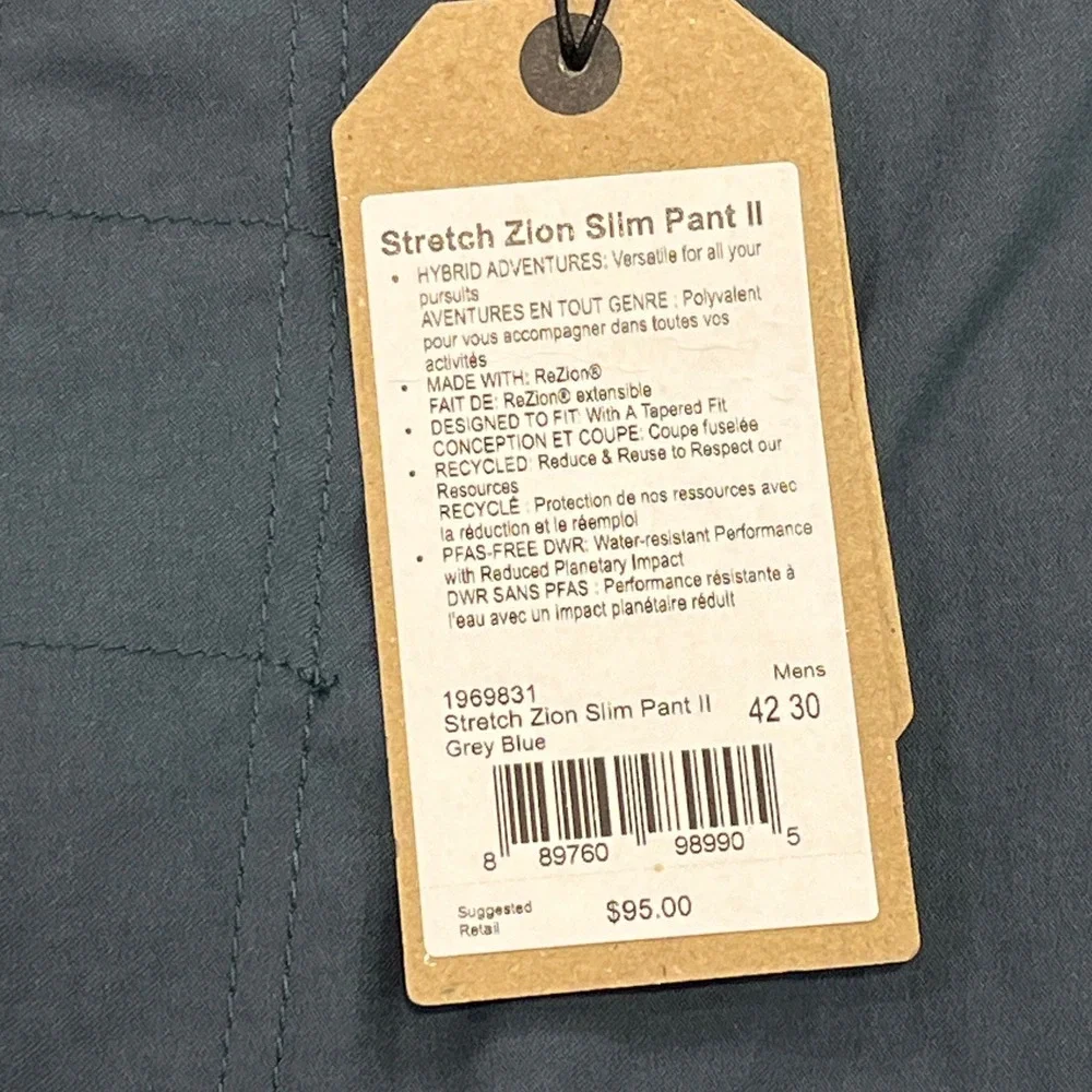 Prana NEW Stretch Zion Slim Pant II Mens 42 x30 Grey Blue Hike Convertible Cargo